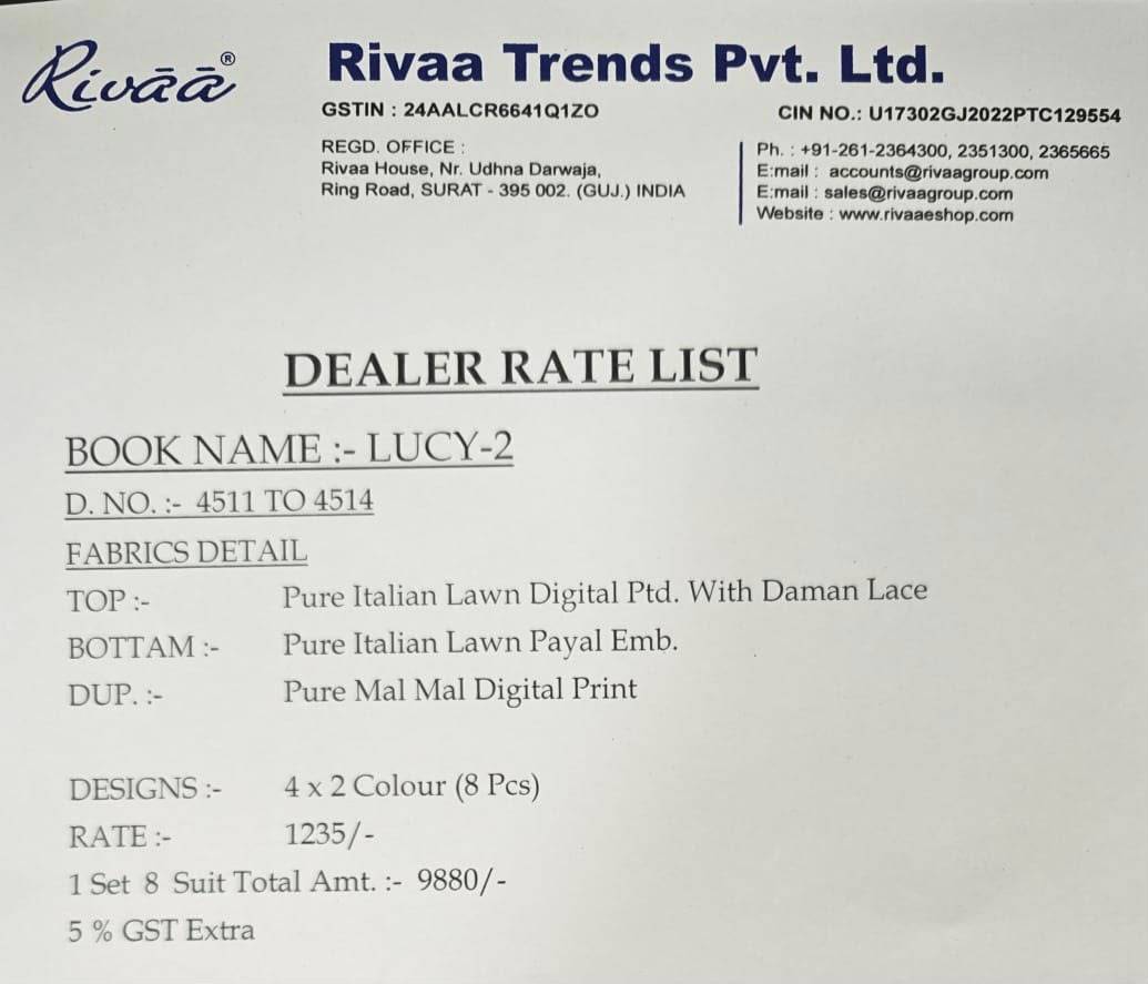 LUCY VOL 2 By RIVAA Stylish Beautiful Colourful Pure Italian Lawn Dresses At Wholesale Price